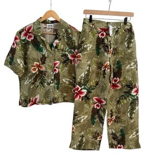 Chicos Tropical Set Linen Blend Fern Hawaiian Floral Outfit Womens Size 12 Large